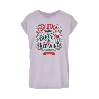 Christmas Time Books and Red Wine (UK) Women's Extended Shoulder T-Shirt XS-5XL