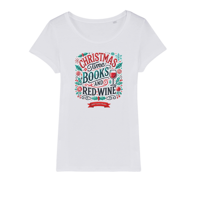 Christmas Time Books and Red Wine (UK) Organic Jersey Womens T-Shirt