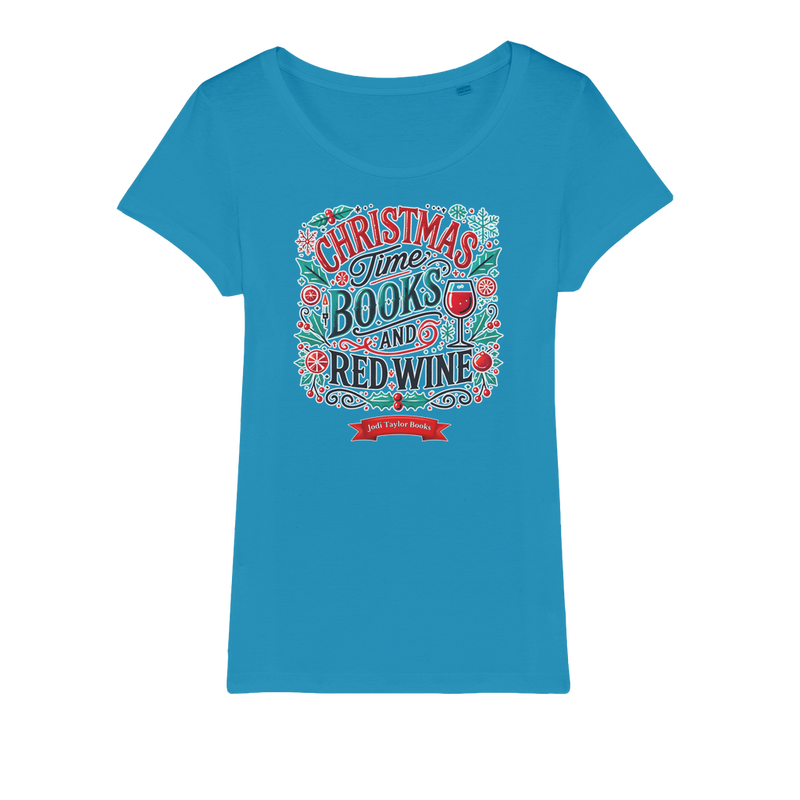 Christmas Time Books and Red Wine (UK) Organic Jersey Womens T-Shirt