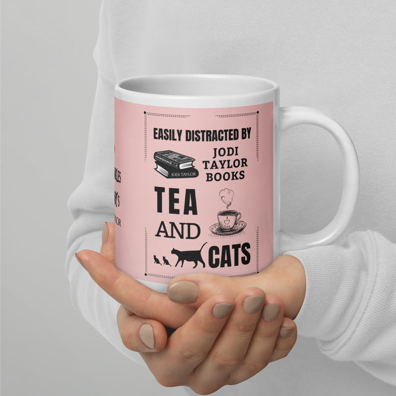 Easily Distracted by Jodi Taylor Books, Tea and Cats Mug in Three Sizes (UK, Europe, USA, Canada and Australia)